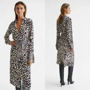 Reiss Black White Evie Mono Animal Print Belted Midi Dress Size US 2 / UK 6